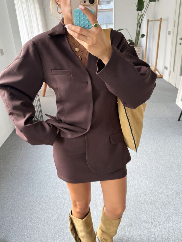 KAHVE KREP KUMAŞ CEKET ETEK TAKIM