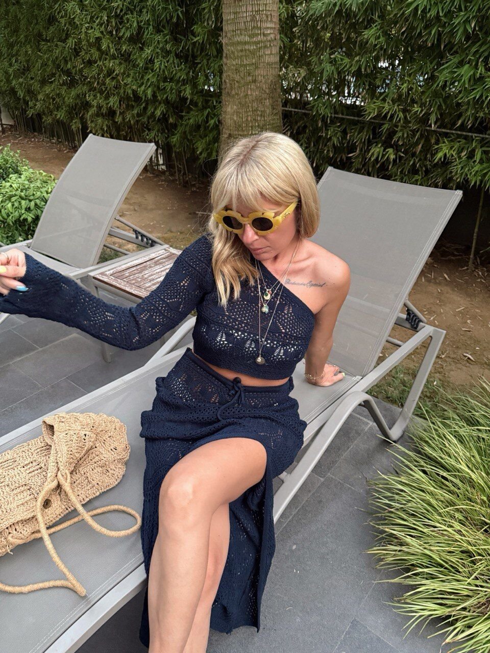 LACİVERT TEK OMUZ BLUZ BEACH WEAR TAKIM