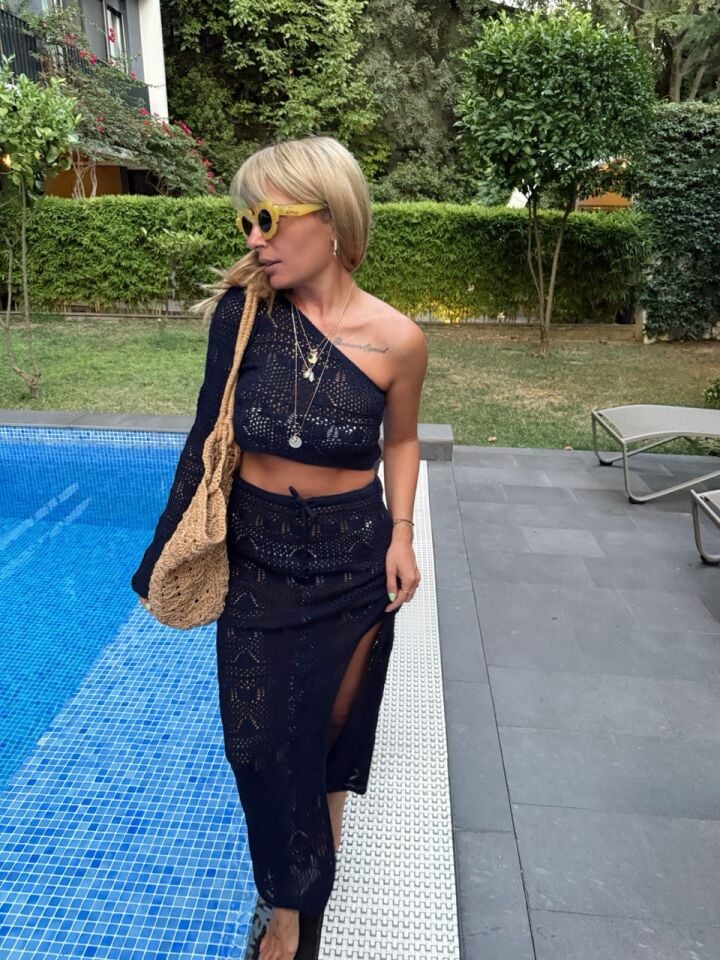 LACİVERT TEK OMUZ BLUZ BEACH WEAR TAKIM