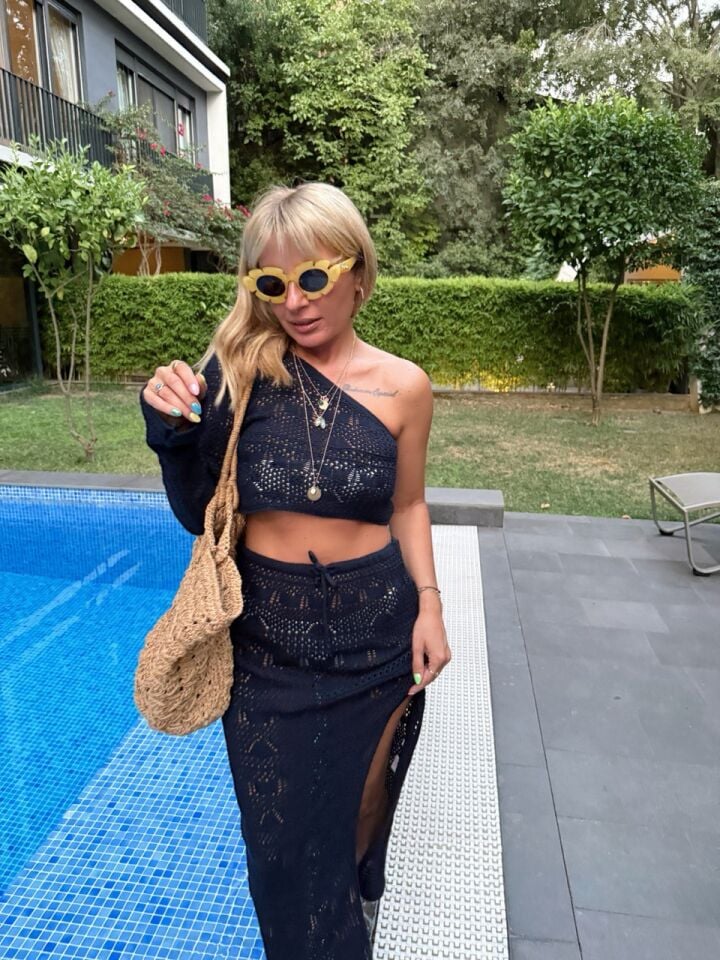 LACİVERT TEK OMUZ BLUZ BEACH WEAR TAKIM