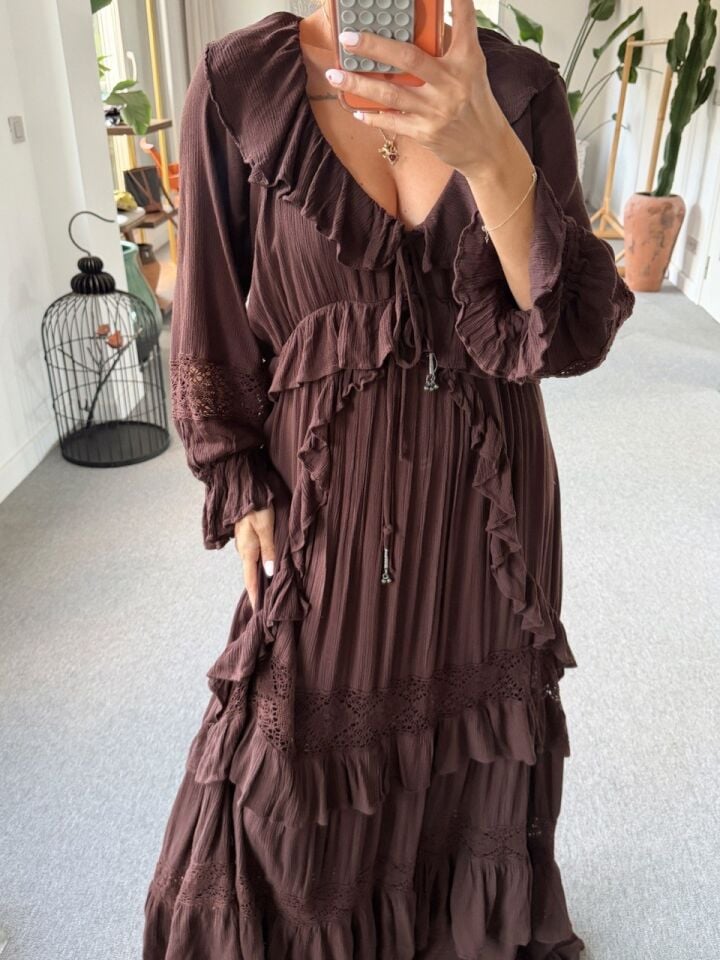 KAHVE  FLORA MAXİ İTHAL ELBİSE