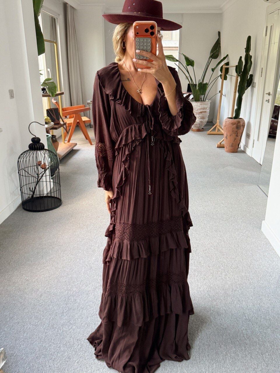 KAHVE  FLORA MAXİ İTHAL ELBİSE
