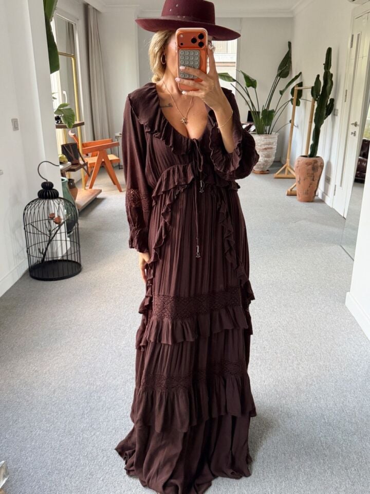 KAHVE  FLORA MAXİ İTHAL ELBİSE