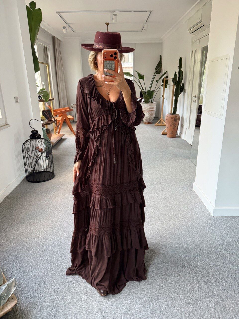 KAHVE  FLORA MAXİ İTHAL ELBİSE