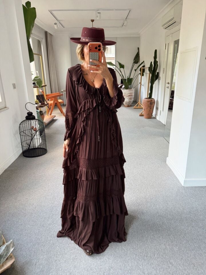 KAHVE  FLORA MAXİ İTHAL ELBİSE