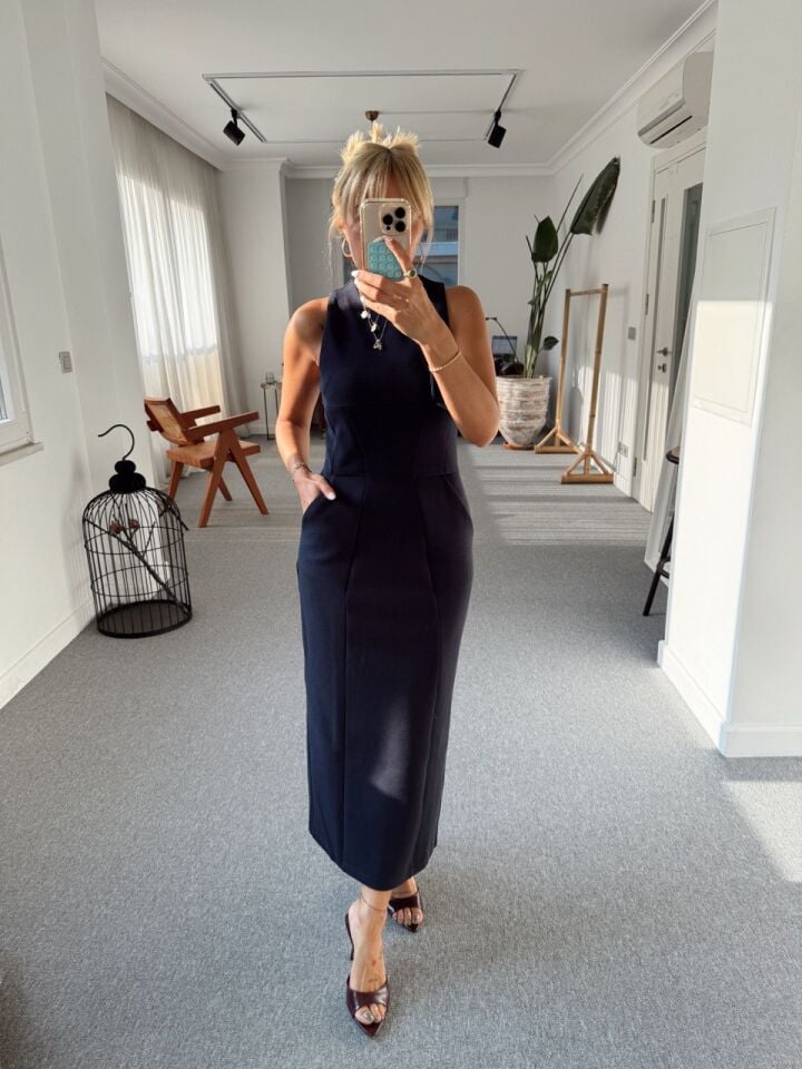 LACİVERT CEP DETAY MAXI  ELBİSE