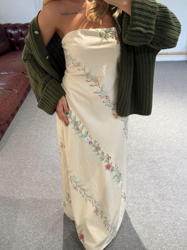 BONCUK İŞLEMELİ STRAPLEZ İTHAL ELBİSE