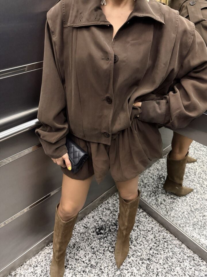 KAHVE VATKALI PİLİ DETAY TENSEL CEKET