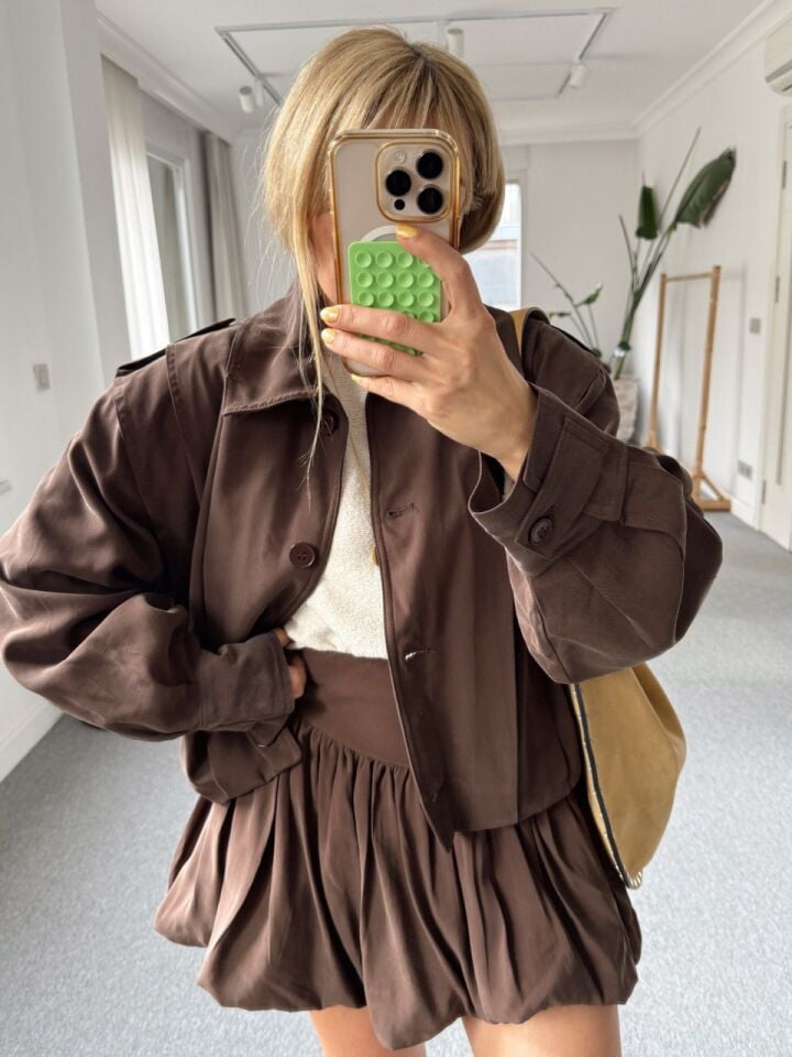 KAHVE VATKALI PİLİ DETAY TENSEL CEKET