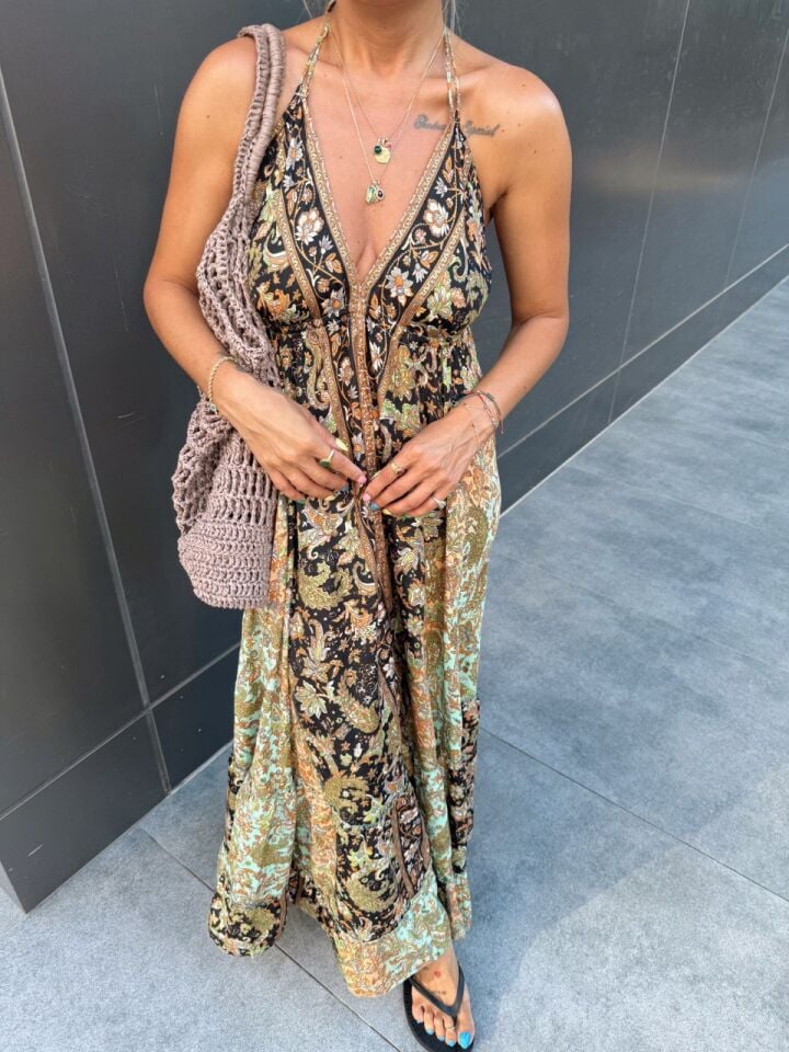 SİYAH - MİNT DESENLİ SIRT DEKOLTELİ İTHAL ELBİSE