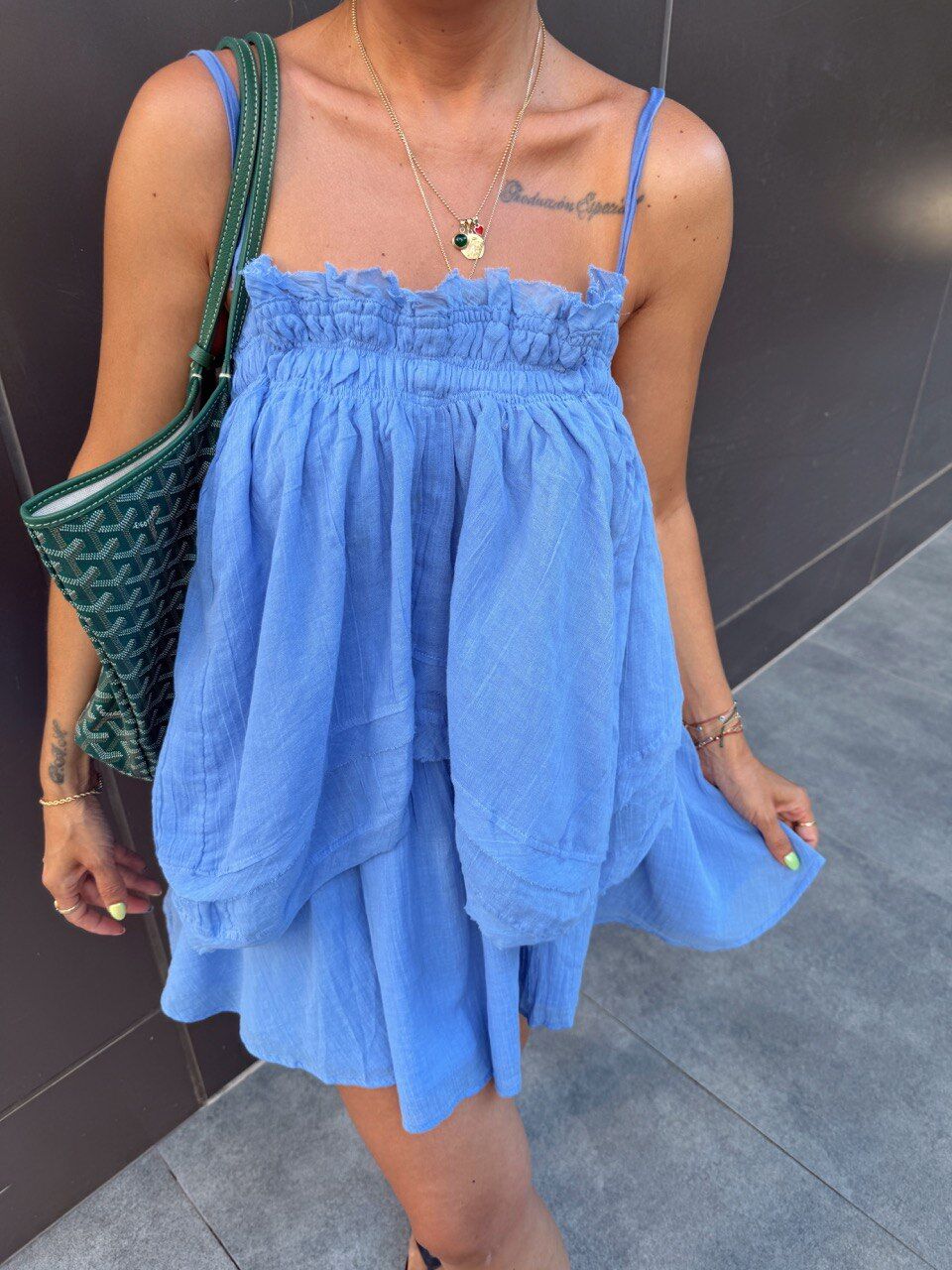 MAVİ ASKILI BLUZ ETEK İTHAL TAKIM