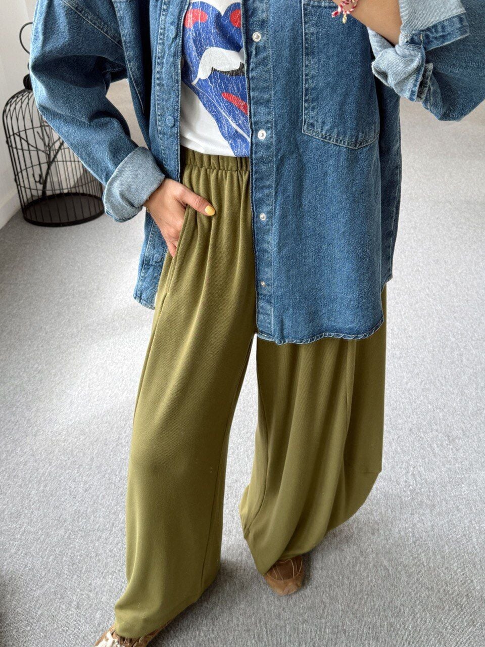 YAĞ YEŞİLİ SONSUZ KUMAŞ PARÇALI ŞALVAR