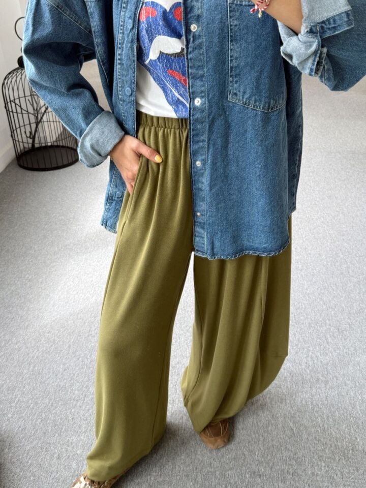 YAĞ YEŞİLİ SONSUZ KUMAŞ PARÇALI ŞALVAR