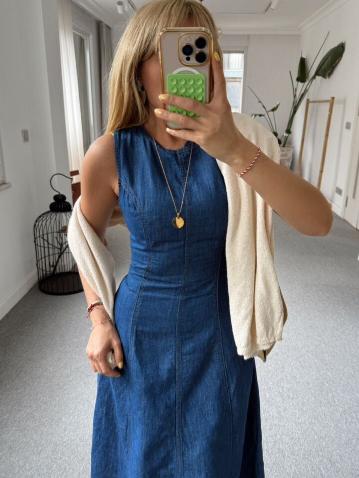 DENIM MAXI KOLSUZ ELBİSE