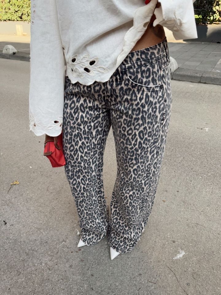 LEOPAR BASKILI DÜŞÜK BEL JEAN