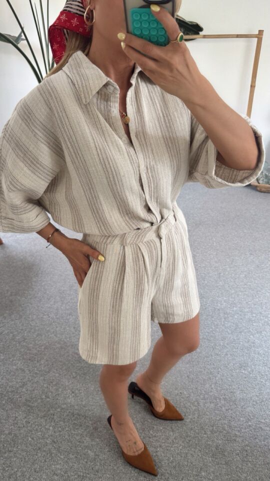 VİZON-KREM ŞORT GÖMLEK MÜSLİN TAKIM