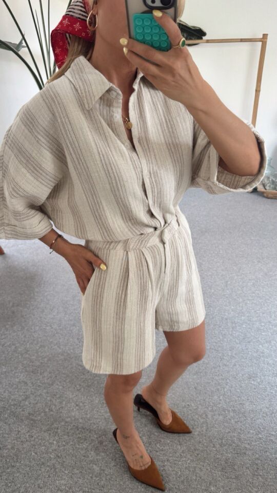 VİZON-KREM ŞORT GÖMLEK MÜSLİN TAKIM