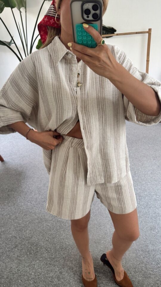 VİZON-KREM ŞORT GÖMLEK MÜSLİN TAKIM