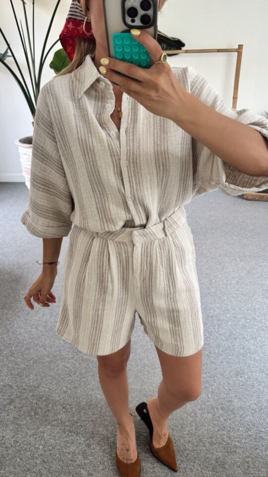 VİZON-KREM ŞORT GÖMLEK MÜSLİN TAKIM