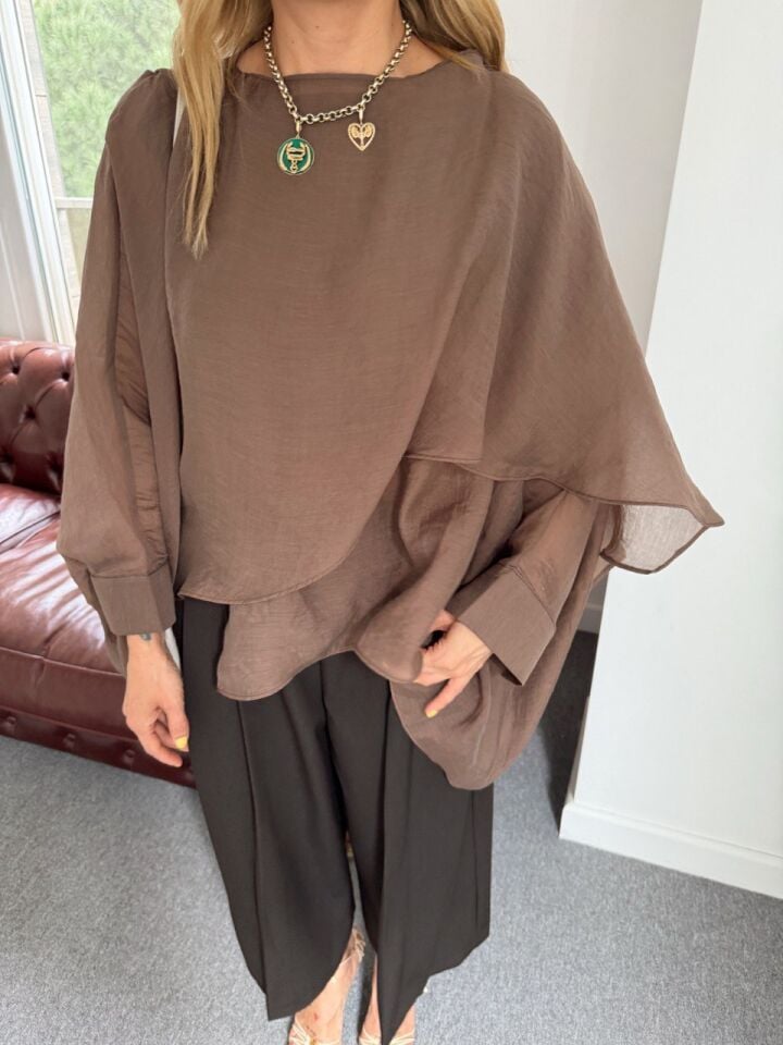 KAHVE PELERİN DETAYLI ŞİFON BLUZ