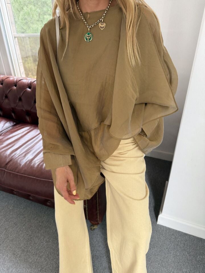 YAĞ YEŞİLİ PELERİN DETAYLI ŞİFON BLUZ