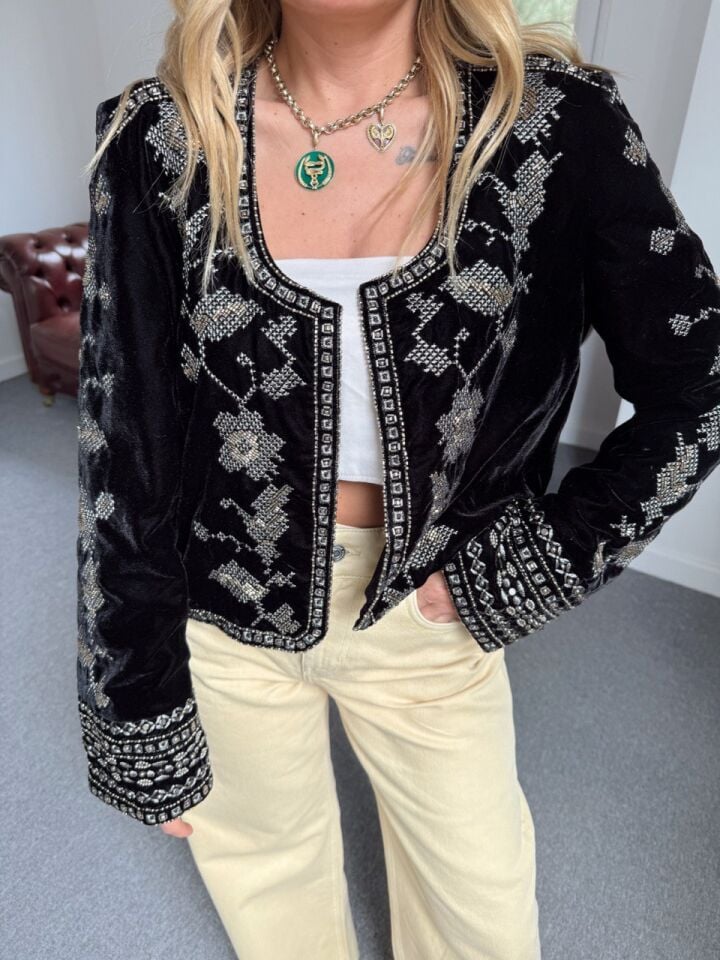 SİYAH KADİFE BONCUK İŞLEMELİ İTHAL CEKET