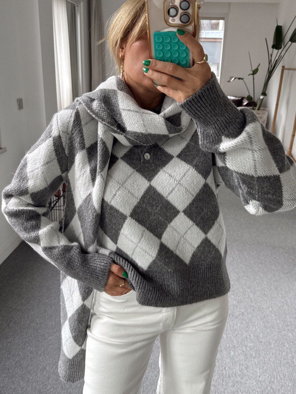 GRİ BAKLAVA DESEN ATKILI KAZAK