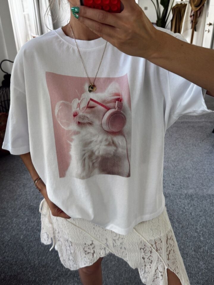 KEDİ BASKILI BASIC TSHIRT