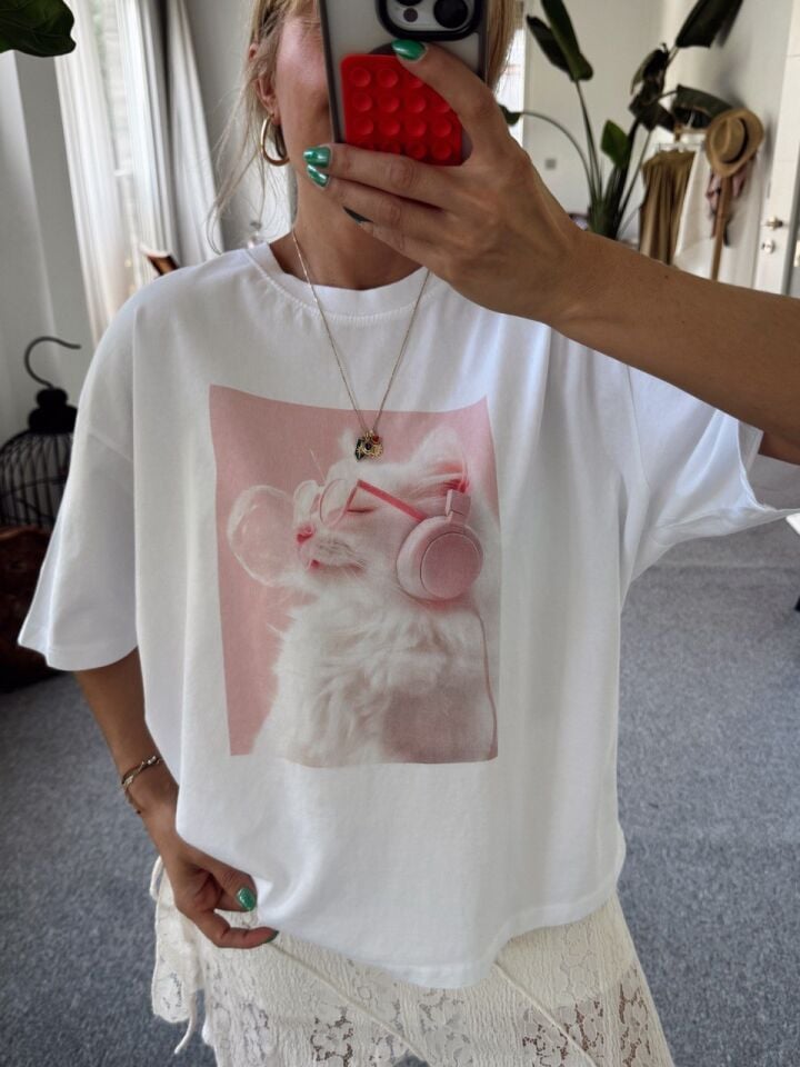 KEDİ BASKILI BASIC TSHIRT