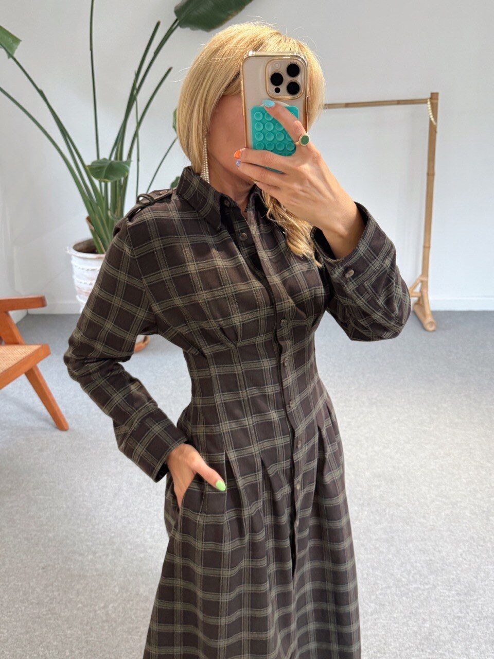 KAHVE-HAKİ  EKOSE GÖMLEK ELBİSE