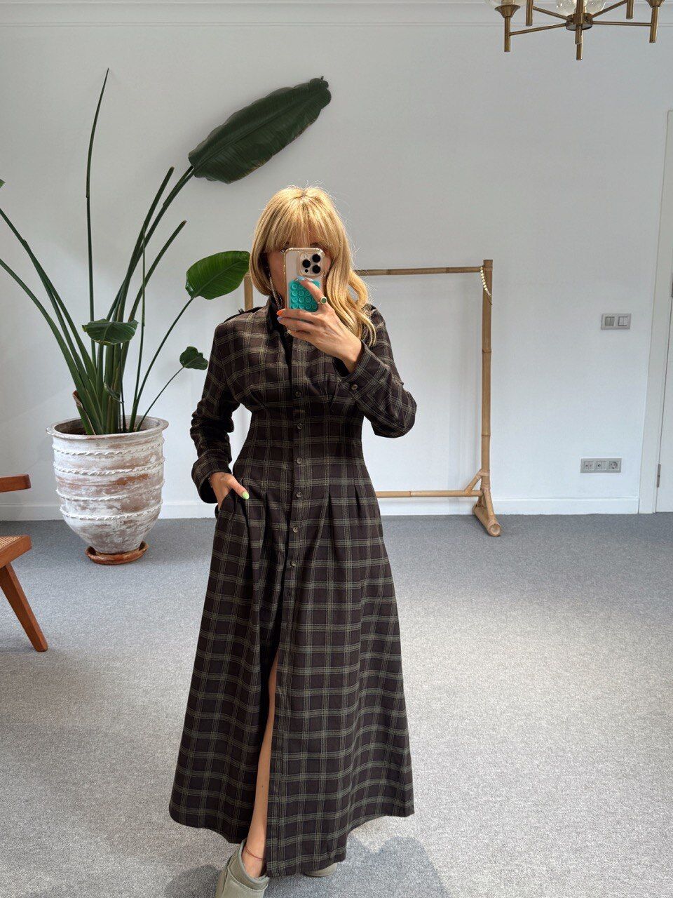 KAHVE-HAKİ  EKOSE GÖMLEK ELBİSE