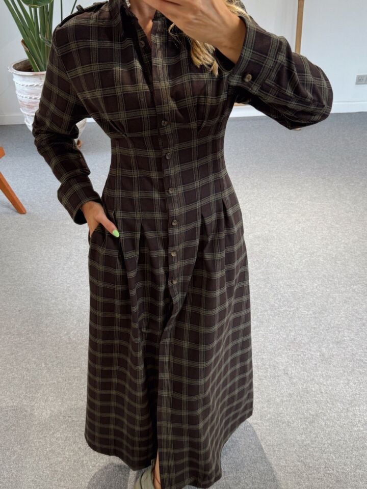 KAHVE-HAKİ  EKOSE GÖMLEK ELBİSE