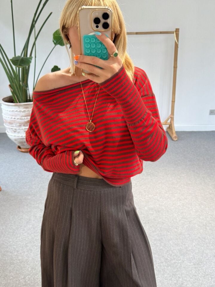 KIRMIZI-KAHVE ÇİZGİLİ KAYIK YAKA TİRKO