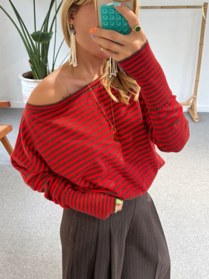 KIRMIZI-KAHVE ÇİZGİLİ KAYIK YAKA TİRKO