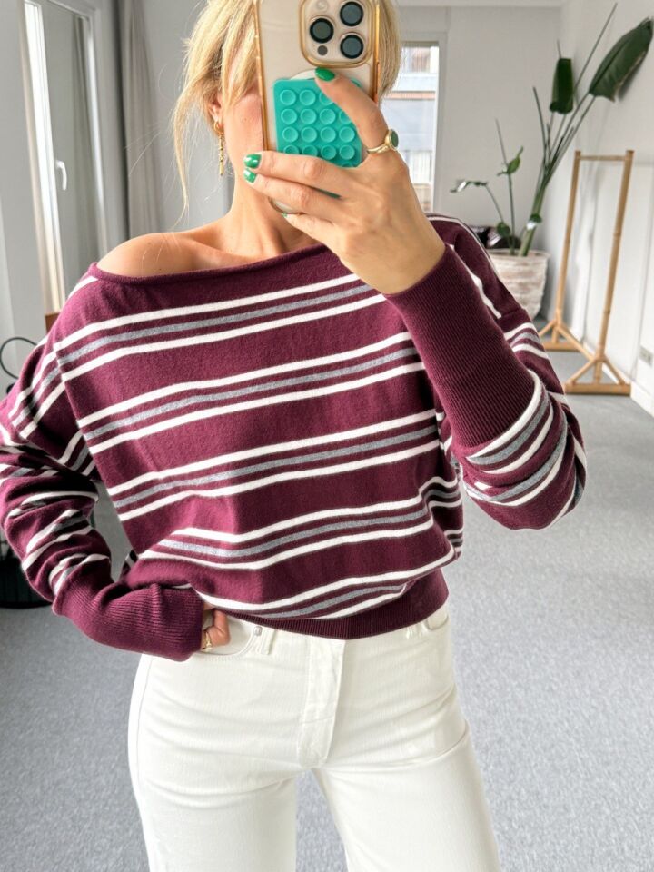 BORDO ÇİZGİLİ OMUZ DETAYLI TRİKO