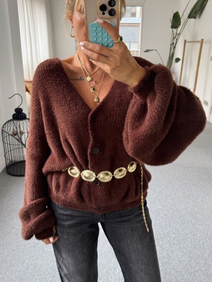 KAHVERENGİ YUMUŞAK DOKULU V YAKA HIRKA