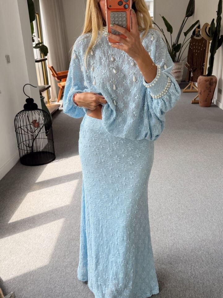 BEBE MAVİ İNCİ İŞLEMELİ ETEK- BLUZ İTHAL TAKIM