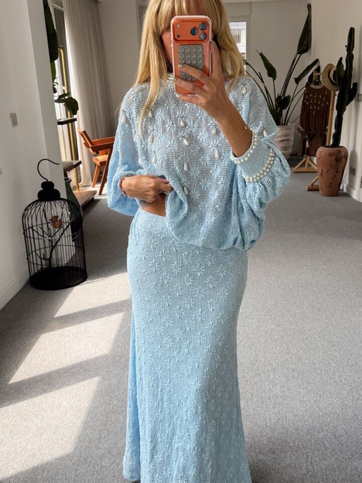 BEBE MAVİ İNCİ İŞLEMELİ ETEK- BLUZ İTHAL TAKIM