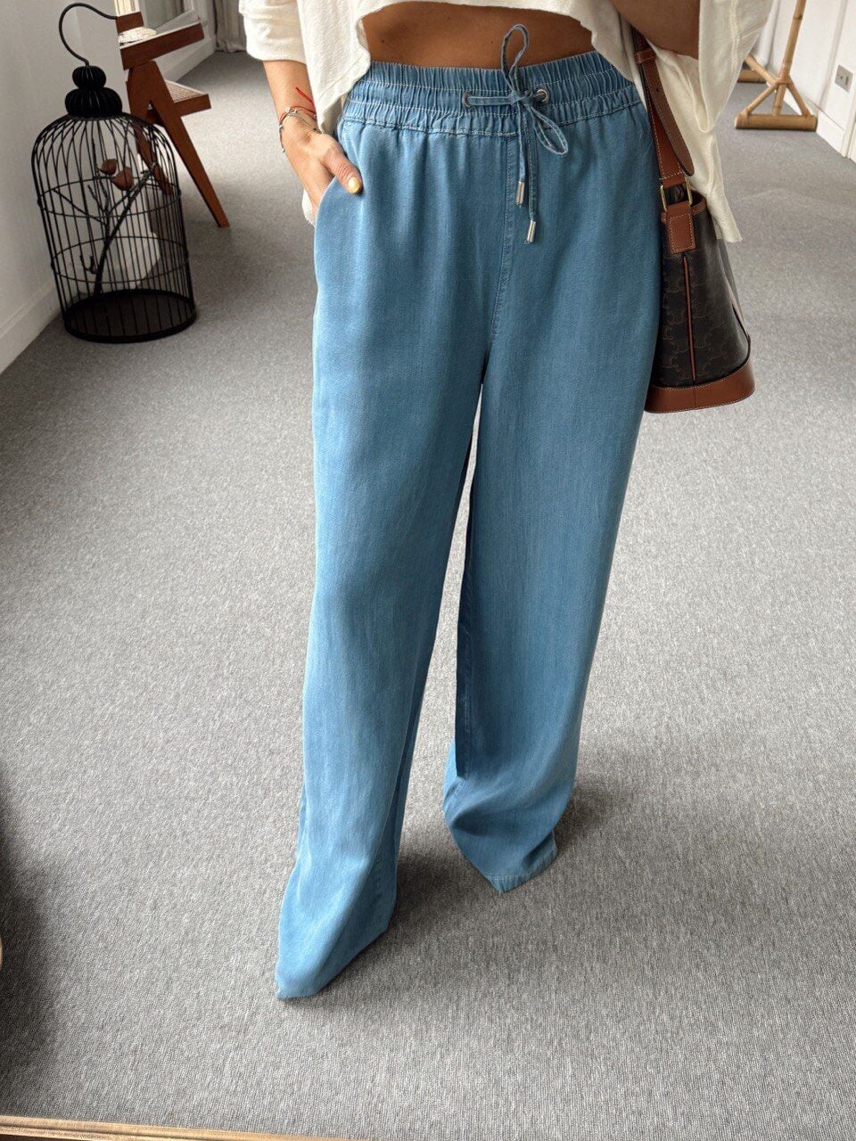 BELİ LASTİKLİ TENSEL GENİŞ PAÇA PANTOLON