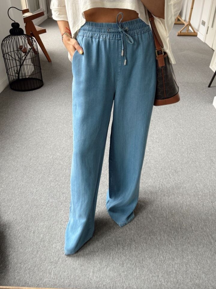 BELİ LASTİKLİ TENSEL GENİŞ PAÇA PANTOLON